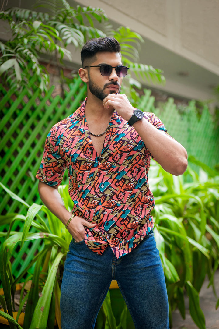 Red And Blue Multicolor Print Super Soft Premium Cuban Collar Half Sleeve Shirt - ROYALTAIL