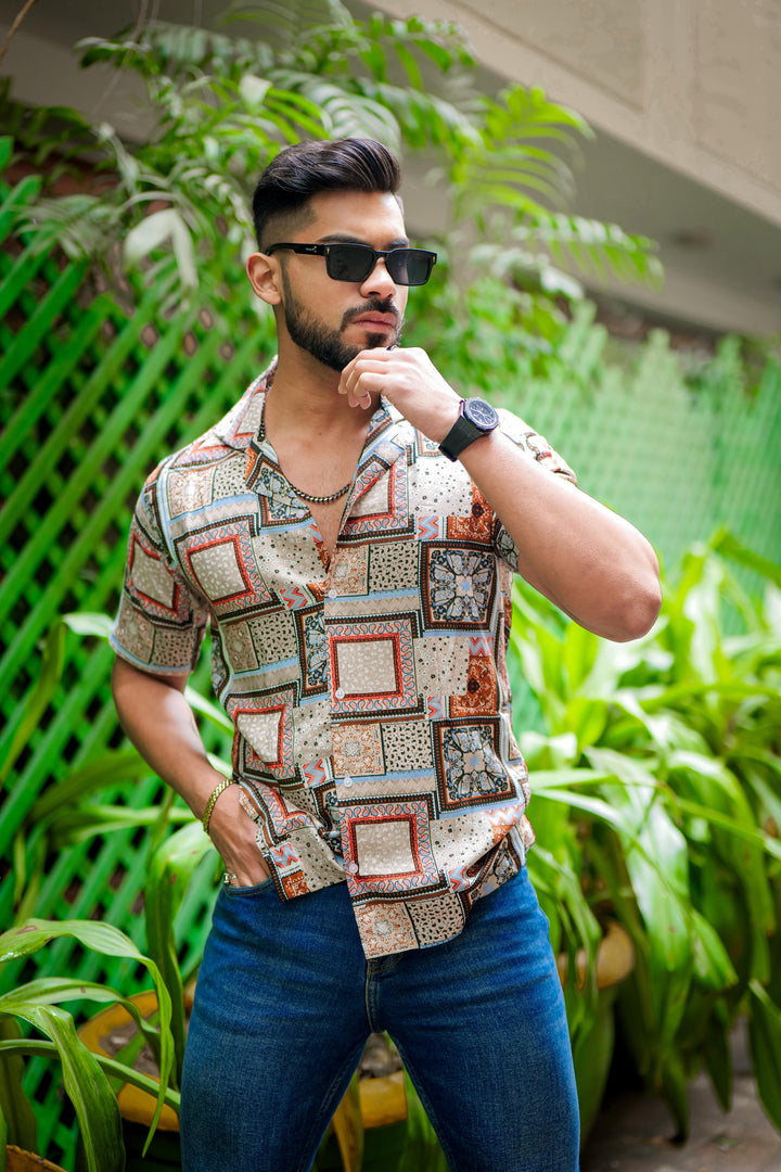 Orange And Grey Block Print Super Soft Premium Cuban Collar Half Sleeve Shirt - ROYALTAIL