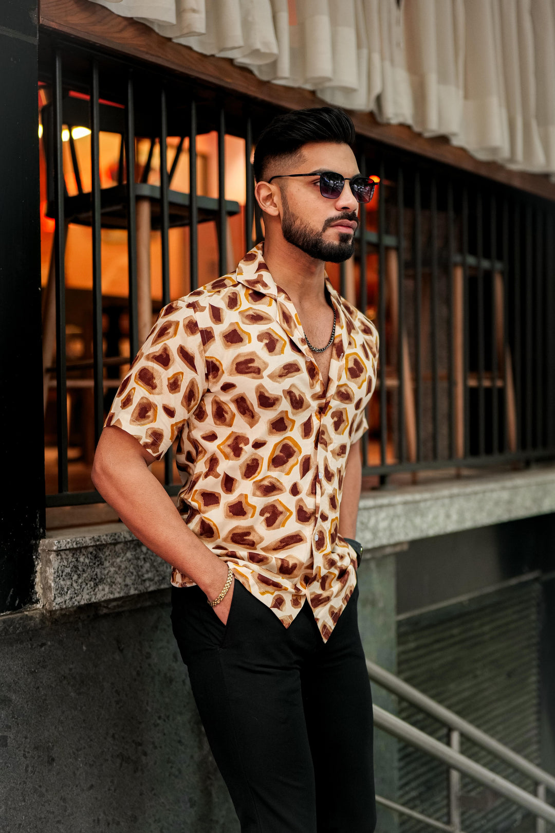 Cream And Brown Abstract Print Super Soft Premium Cuban Collar Half Sleeve Shirt - ROYALTAIL