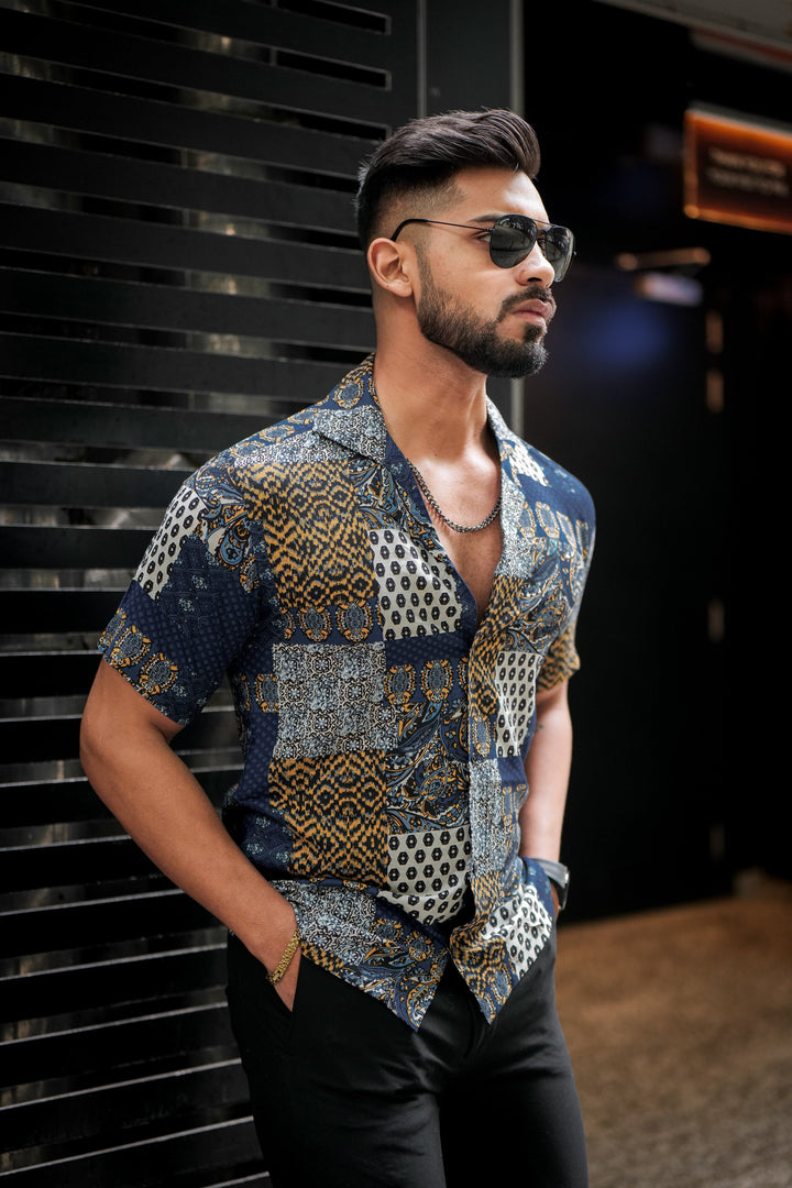 Navy Abstract Print Super Soft Premium Cuban Collar Half Sleeve Shirt - ROYALTAIL