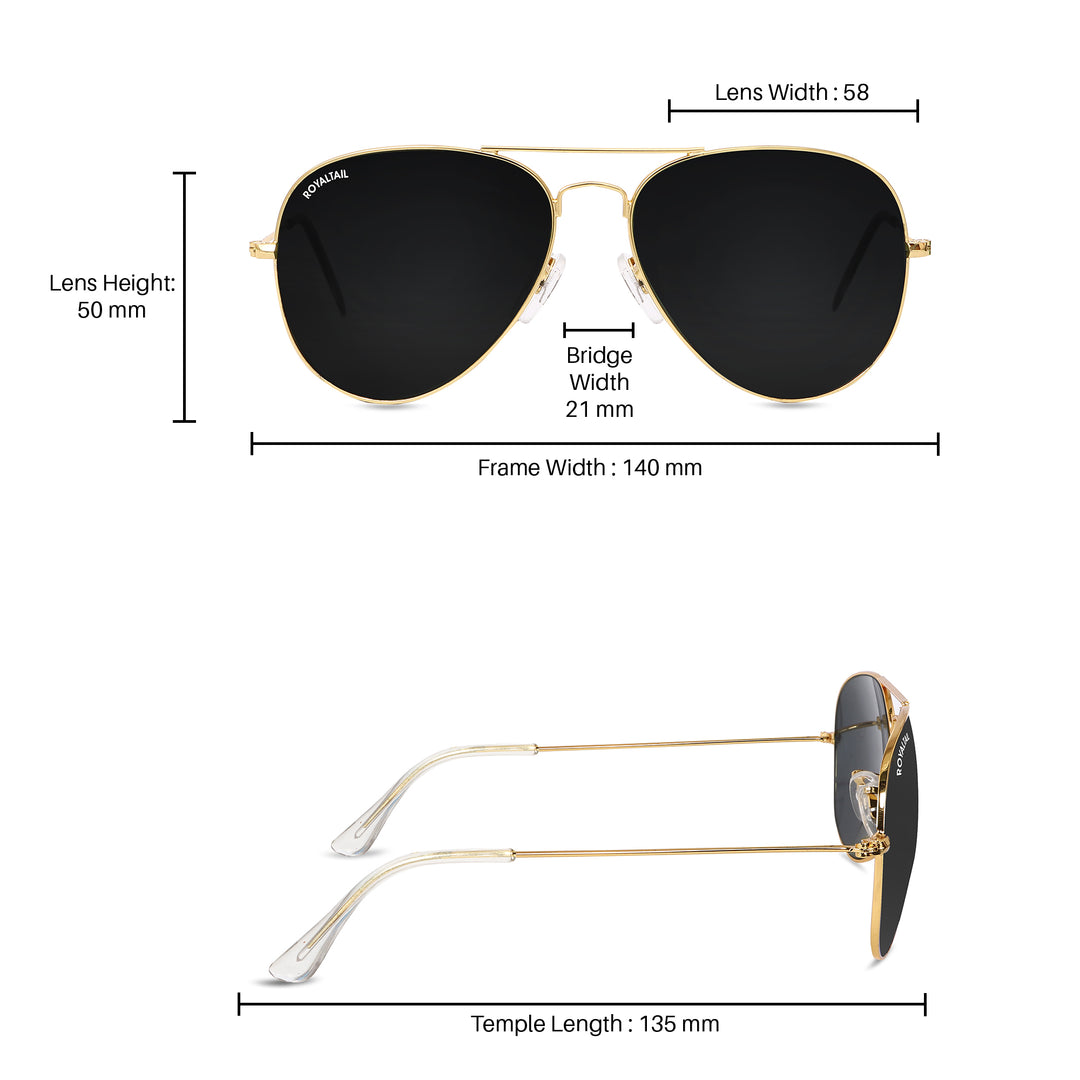 Black Classic Glass and Gold Frame Aviator Sunglasses For Men and Women - ROYALTAIL