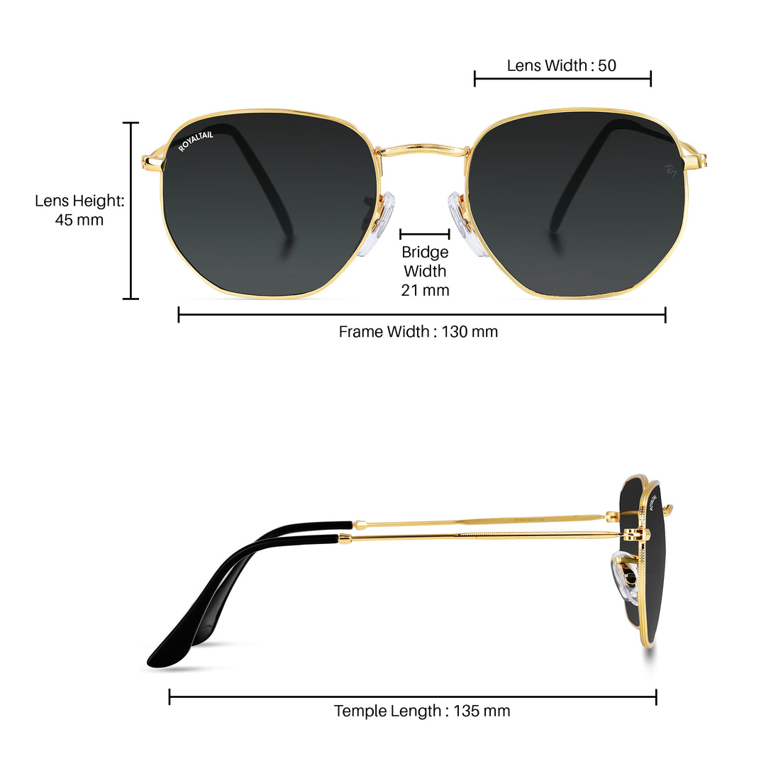 Tirana Black Glass and Gold Frame Hexagonal Sunglasses for Men and Women - ROYALTAIL