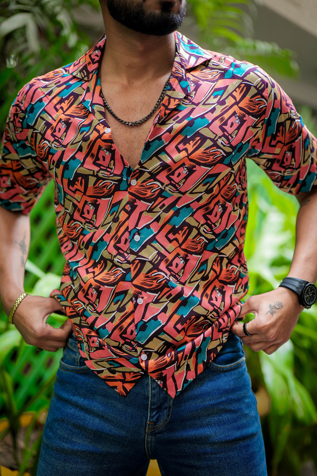 Red And Blue Multicolor Print Super Soft Premium Cuban Collar Half Sleeve Shirt - ROYALTAIL