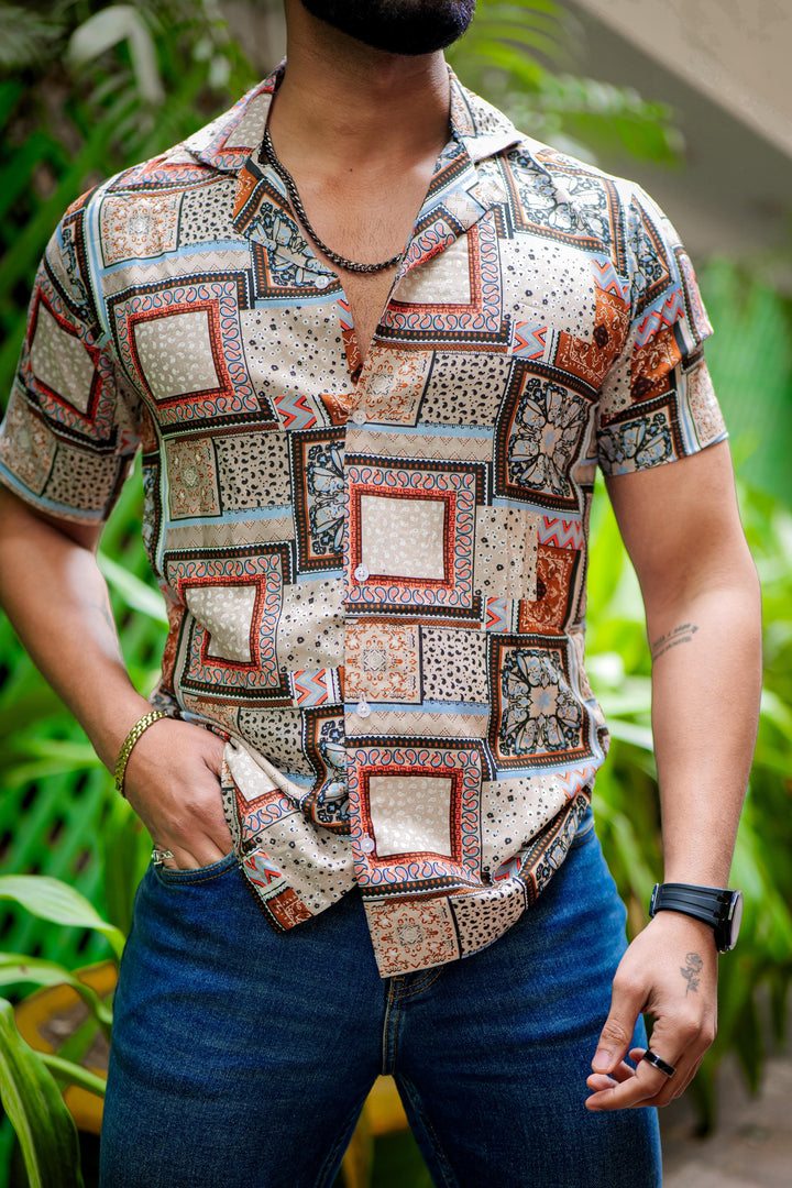 Orange And Grey Block Print Super Soft Premium Cuban Collar Half Sleeve Shirt