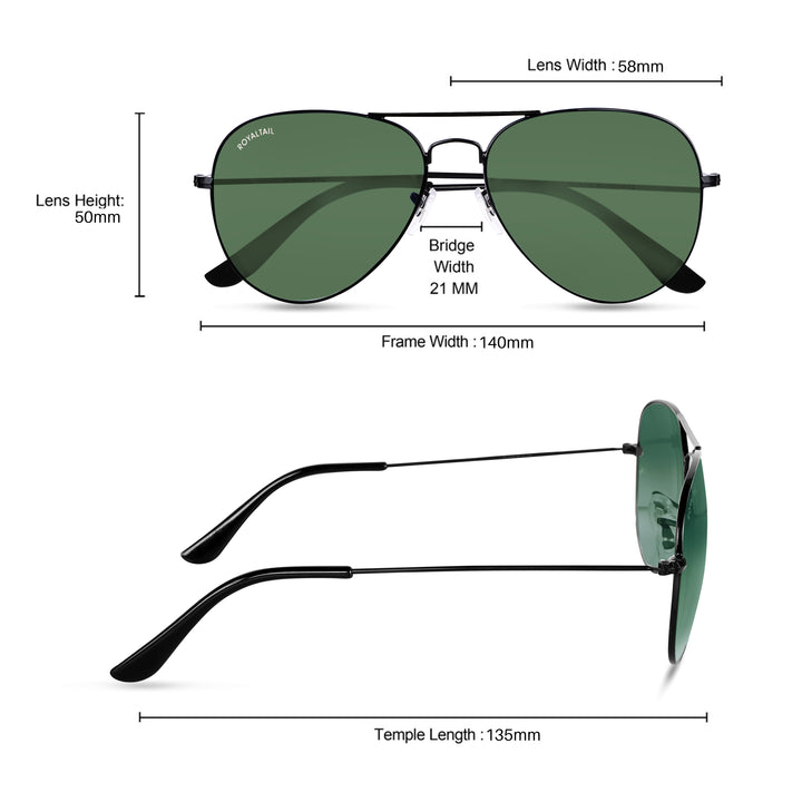Green Glass And Black Frame Aviator Sunglasses For Men And Women - ROYALTAIL