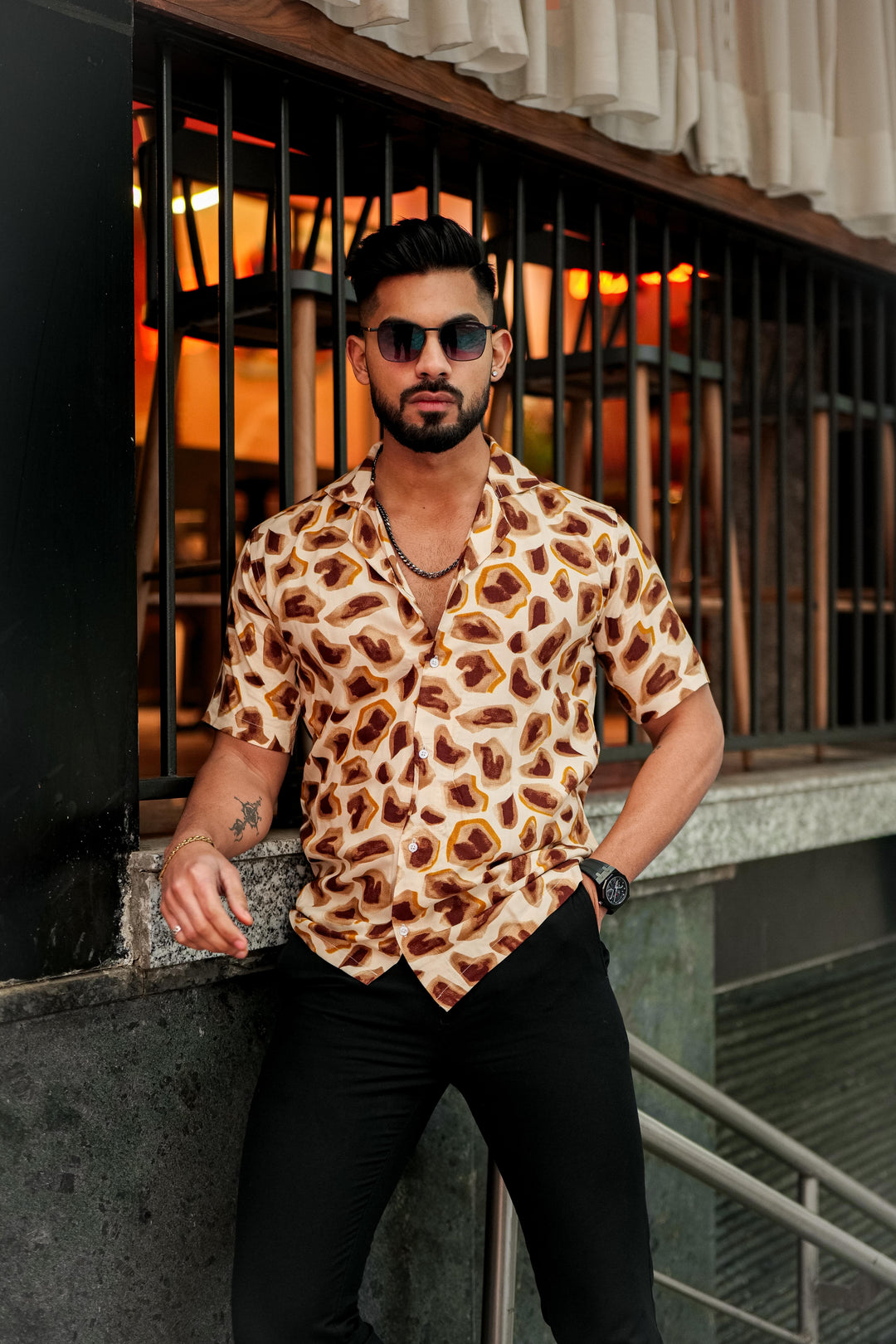 Cream And Brown Abstract Print Super Soft Premium Cuban Collar Half Sleeve Shirt - ROYALTAIL