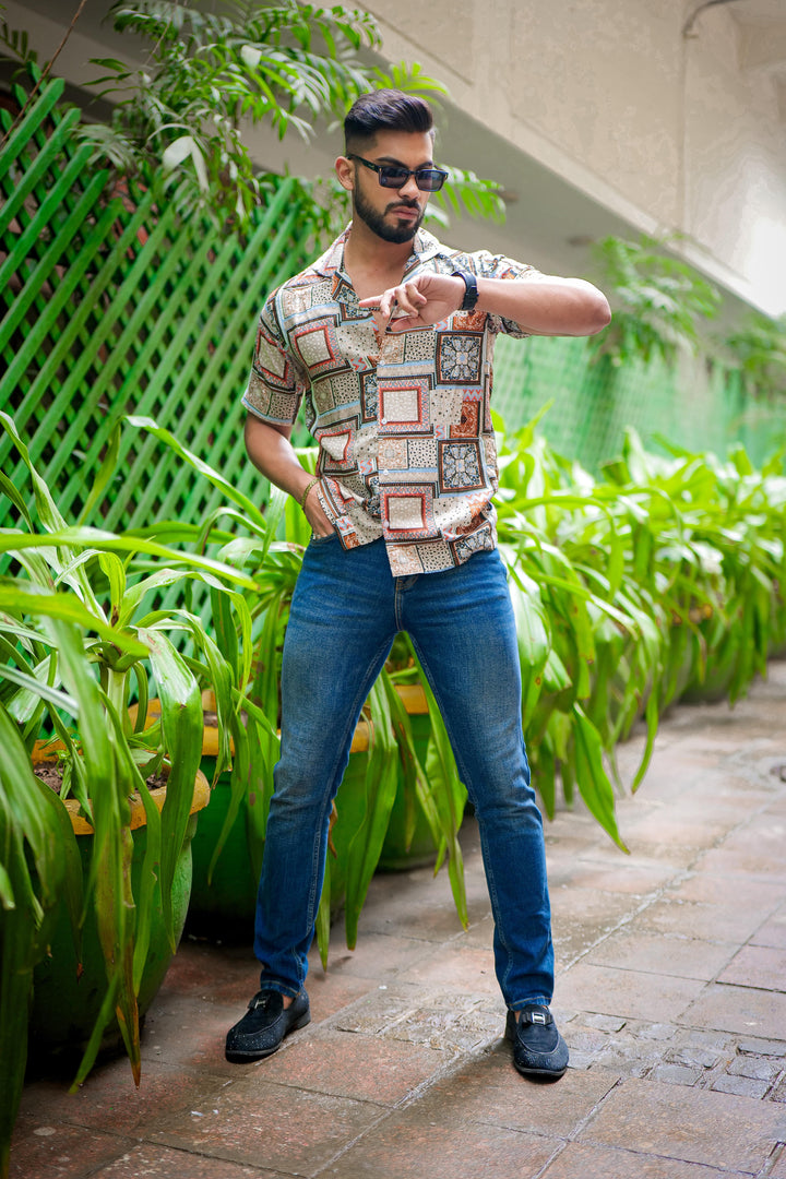 Orange And Grey Block Print Super Soft Premium Cuban Collar Half Sleeve Shirt - ROYALTAIL