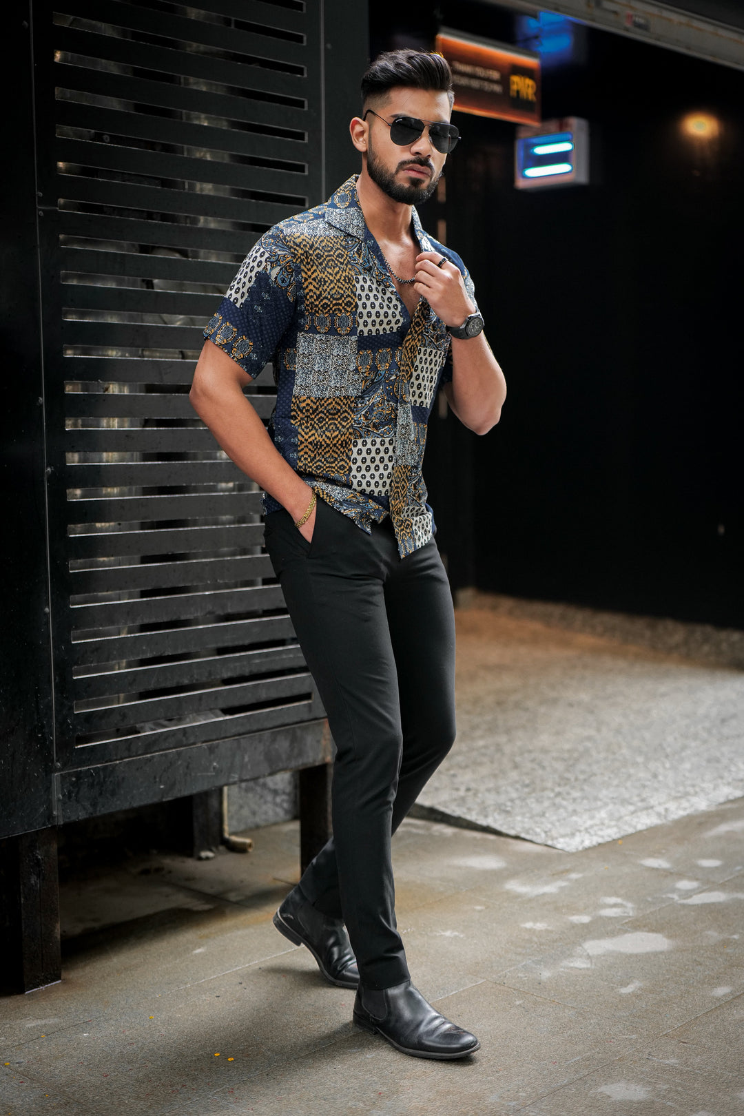 Navy Abstract Print Super Soft Premium Cuban Collar Half Sleeve Shirt - ROYALTAIL