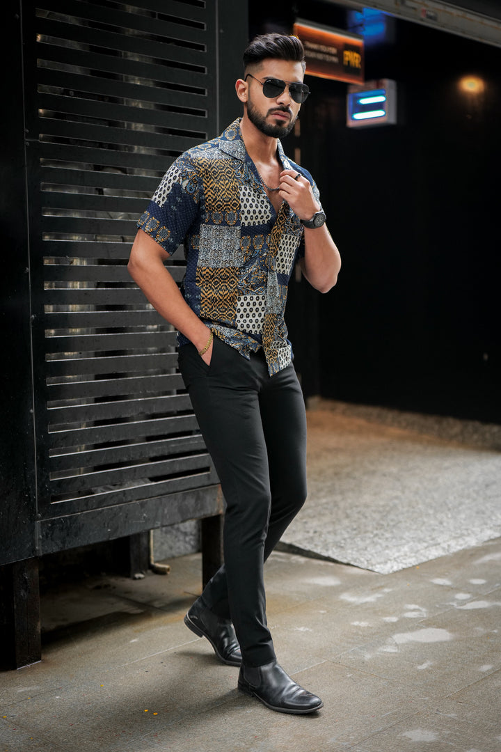 Navy Abstract Print Super Soft Premium Cuban Collar Half Sleeve Shirt - ROYALTAIL