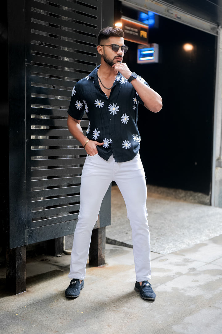 Faded Black And Off White Floral Print Super Soft Premium Cuban Collar Half Sleeve Shirt - ROYALTAIL