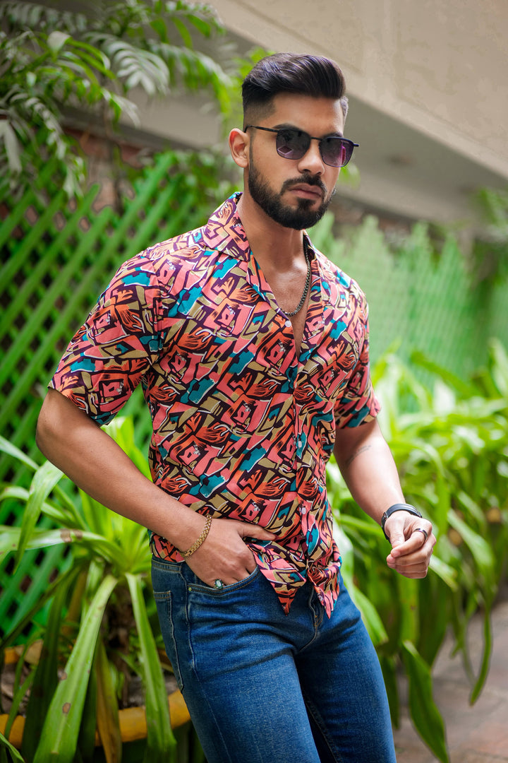 Red And Blue Multicolor Print Super Soft Premium Cuban Collar Half Sleeve Shirt - ROYALTAIL