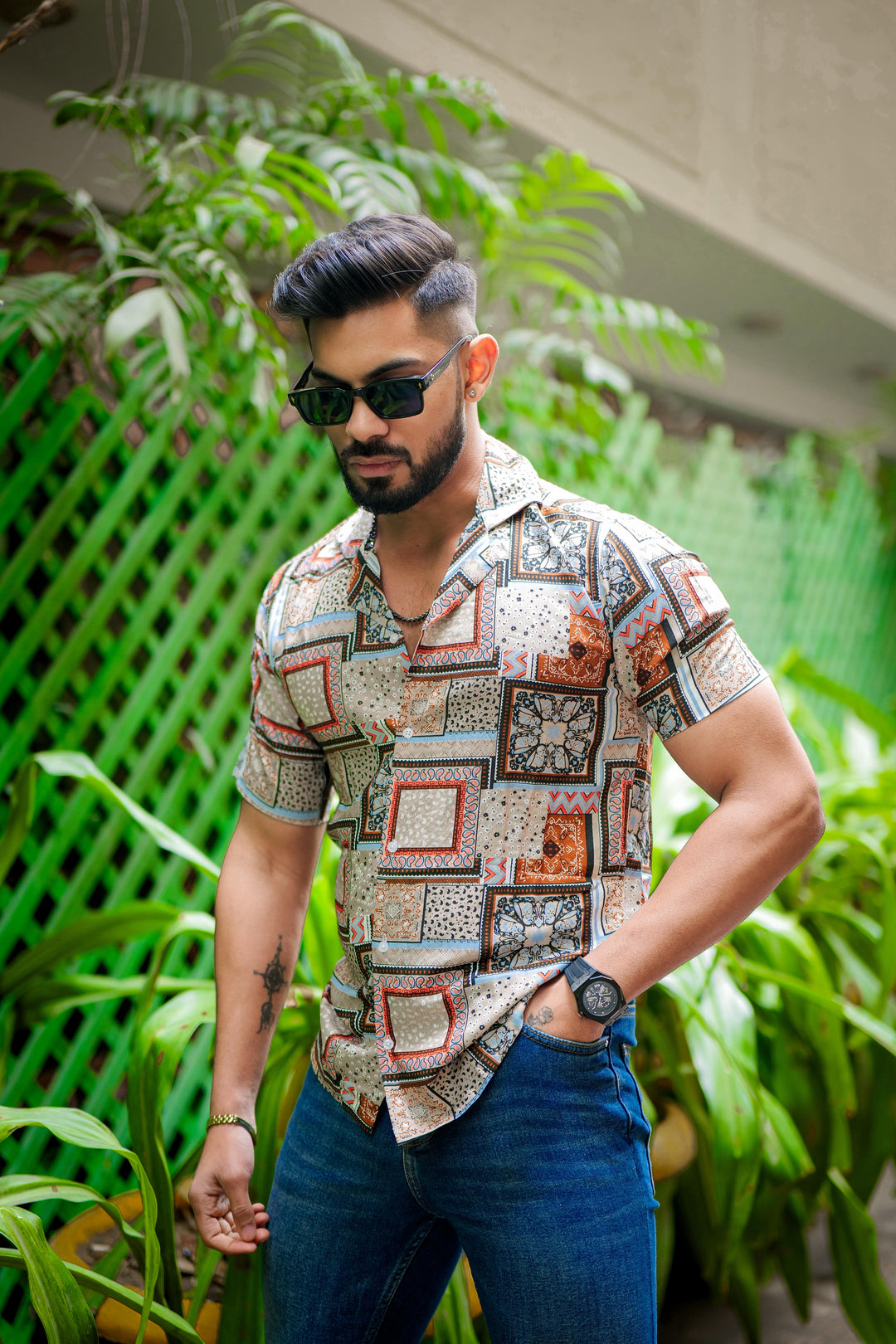 Orange And Grey Block Print Super Soft Premium Cuban Collar Half Sleeve Shirt