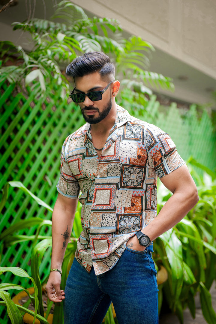 Orange And Grey Block Print Super Soft Premium Cuban Collar Half Sleeve Shirt - ROYALTAIL