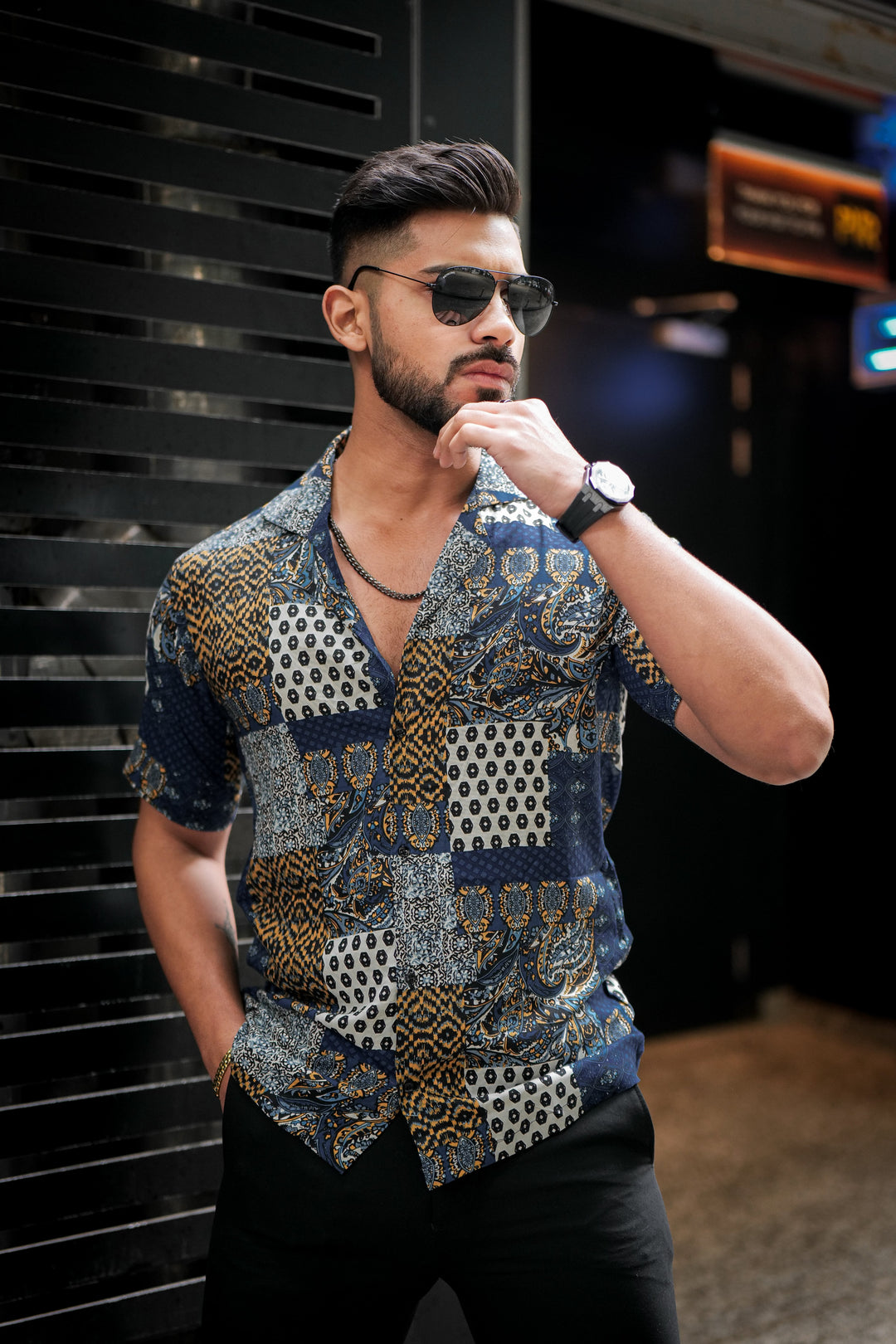 Navy Abstract Print Super Soft Premium Cuban Collar Half Sleeve Shirt - ROYALTAIL
