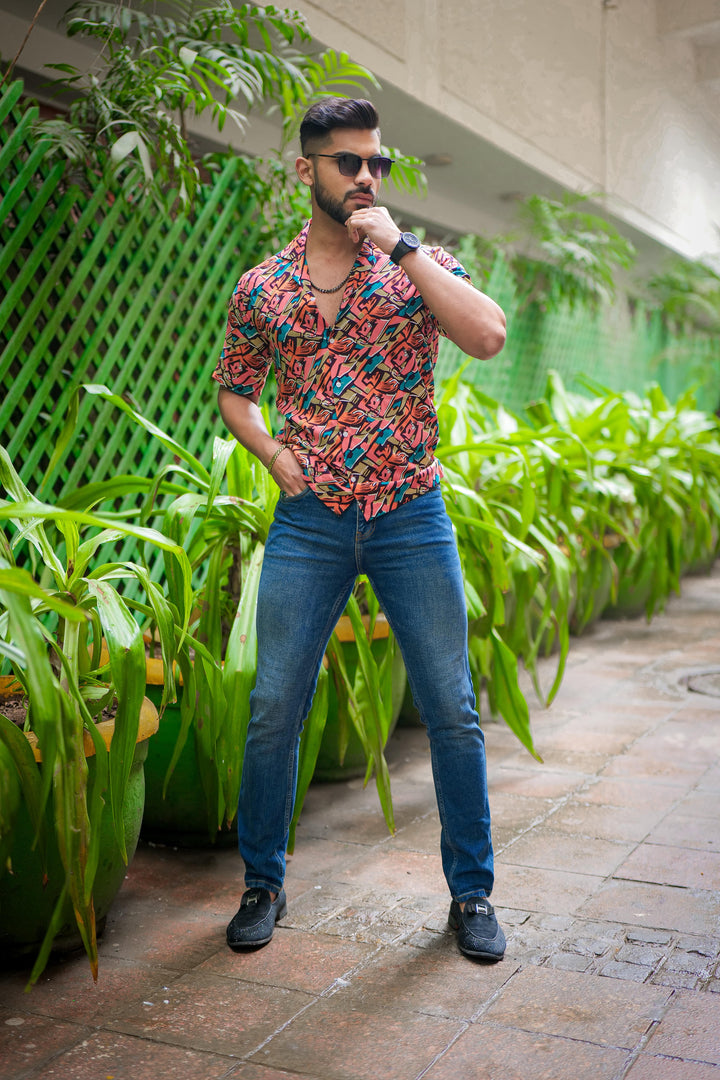 Red And Blue Multicolor Print Super Soft Premium Cuban Collar Half Sleeve Shirt - ROYALTAIL