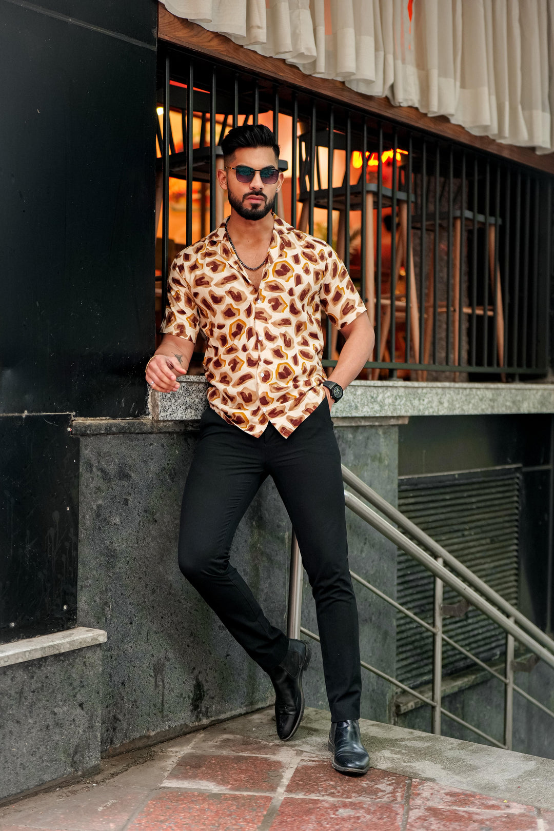 Cream And Brown Abstract Print Super Soft Premium Cuban Collar Half Sleeve Shirt - ROYALTAIL