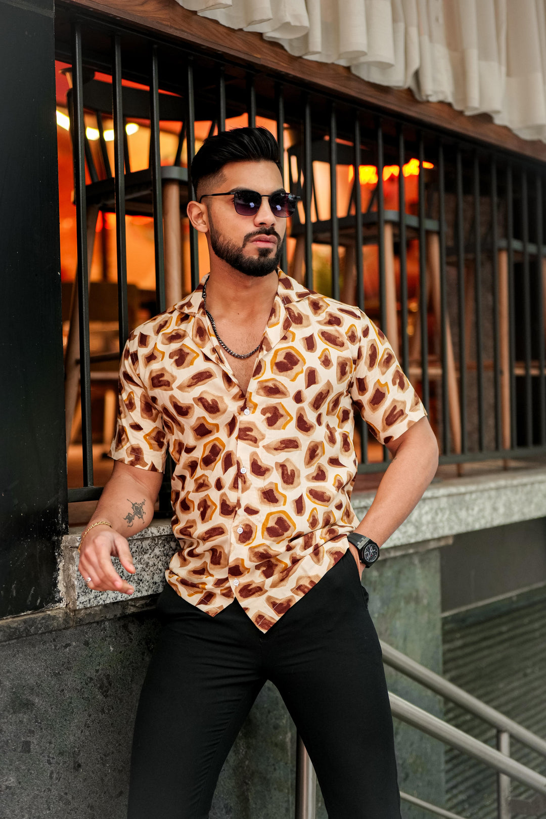 Cream And Brown Abstract Print Super Soft Premium Cuban Collar Half Sleeve Shirt - ROYALTAIL
