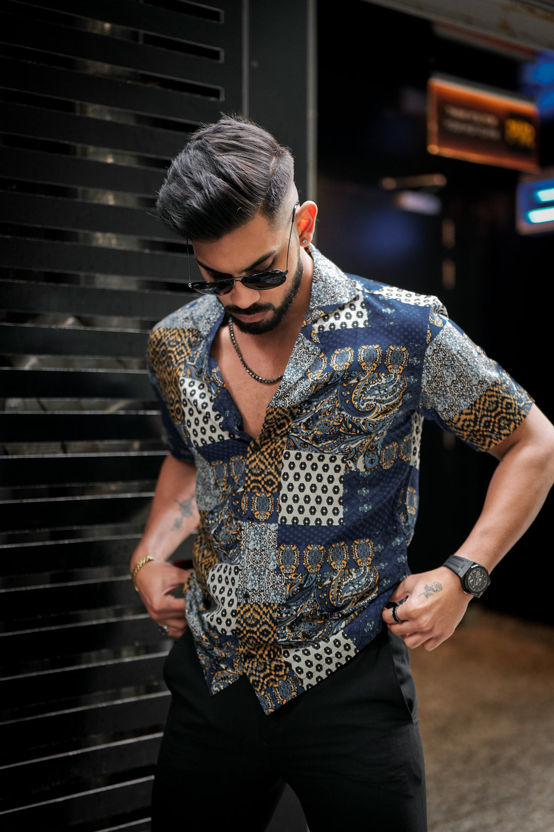 Navy Abstract Print Super Soft Premium Cuban Collar Half Sleeve Shirt - ROYALTAIL