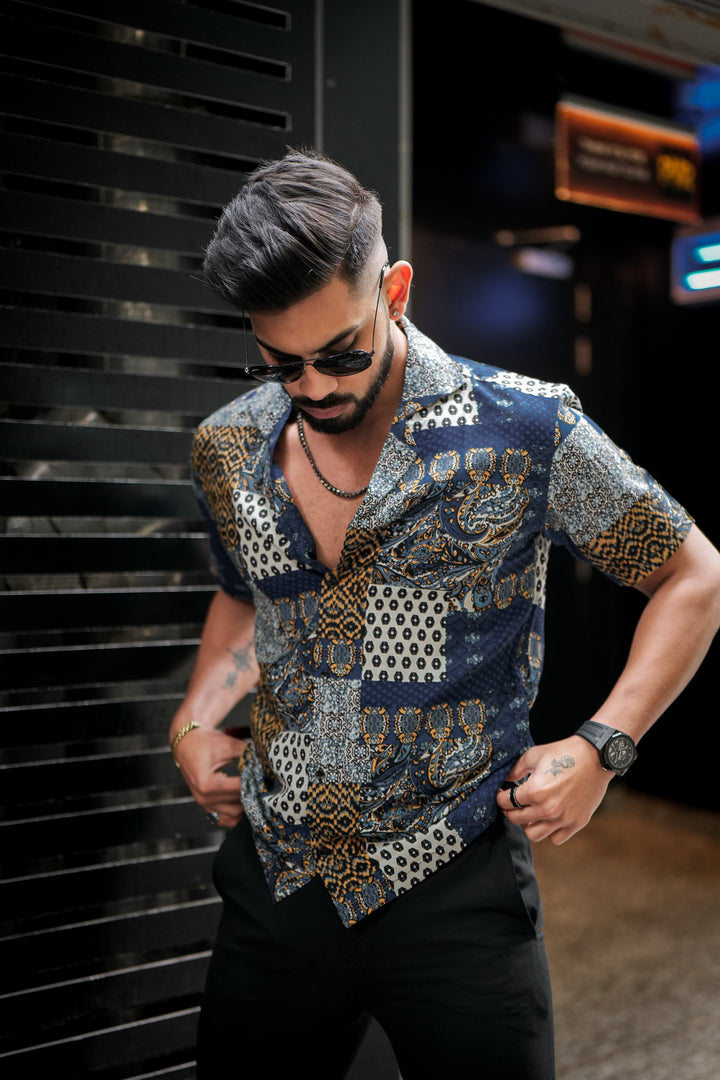 Navy Abstract Print Super Soft Premium Cuban Collar Half Sleeve Shirt - ROYALTAIL
