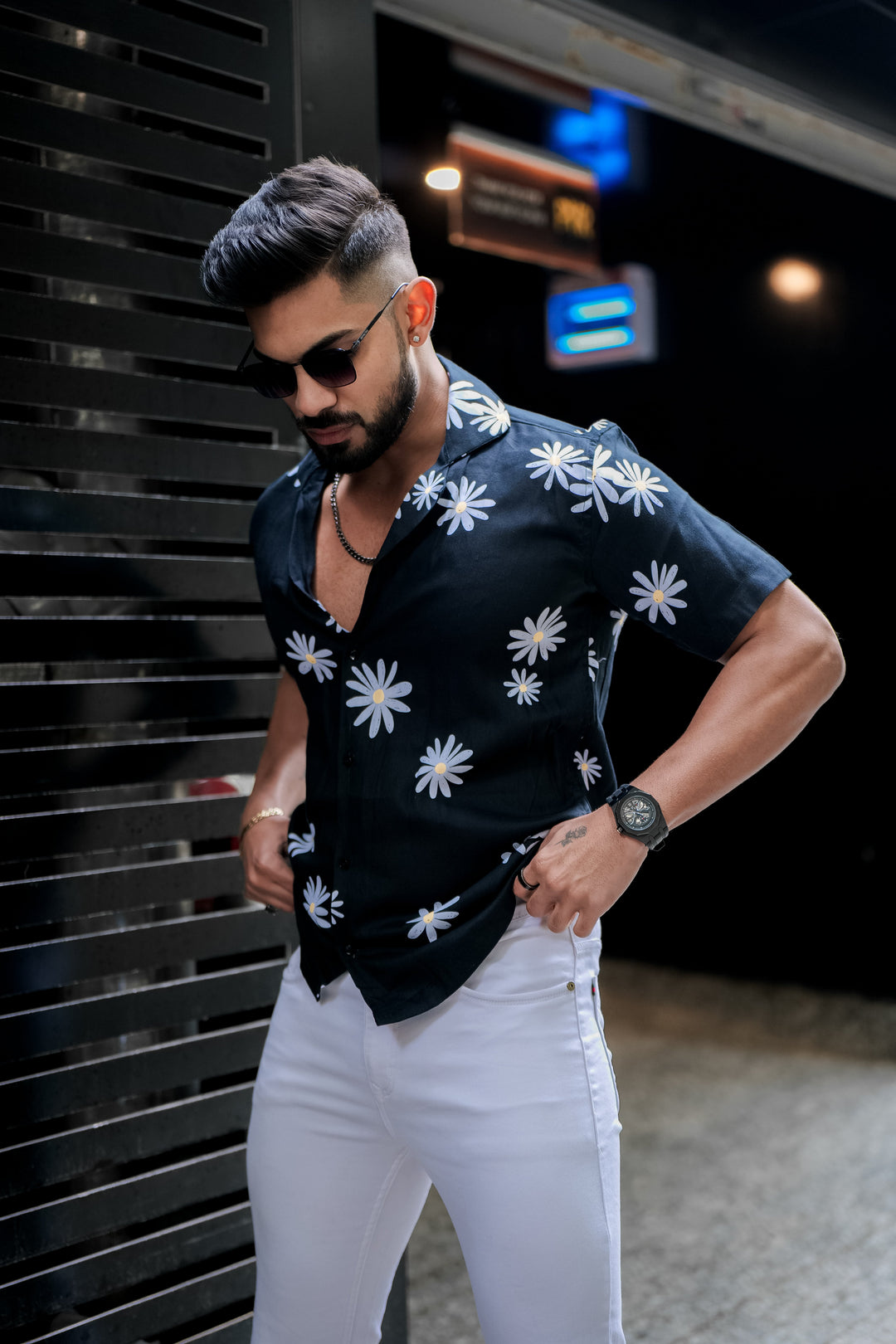 Faded Black And Off White Floral Print Super Soft Premium Cuban Collar Half Sleeve Shirt - ROYALTAIL