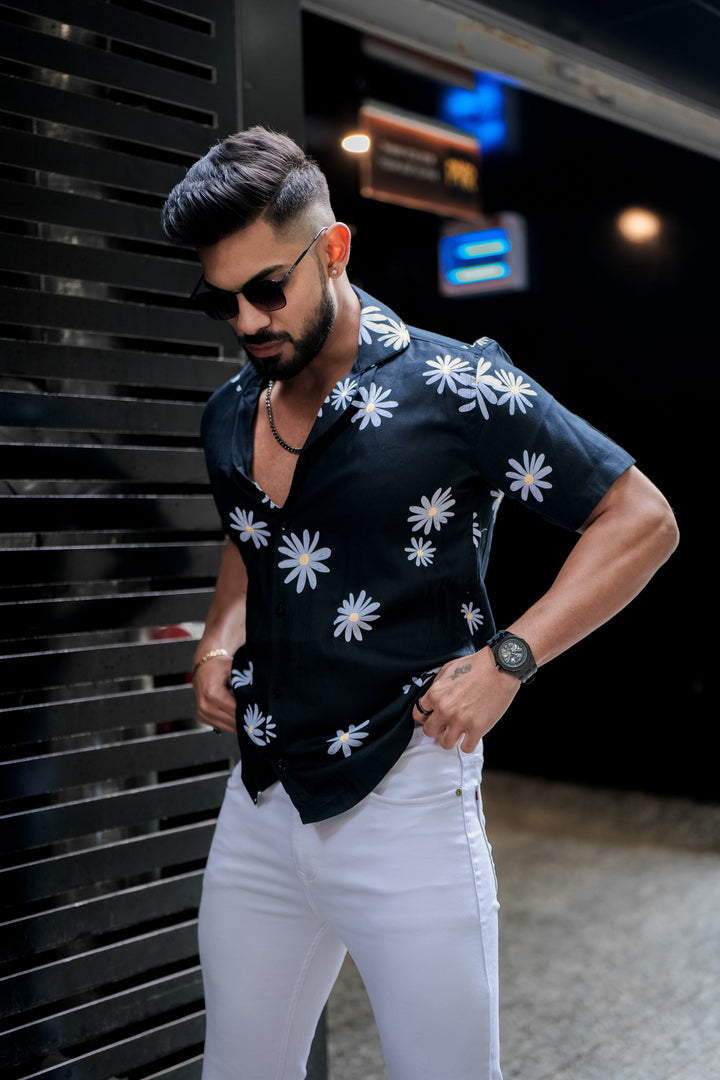Faded Black And Off White Floral Print Super Soft Premium Cuban Collar Half Sleeve Shirt - ROYALTAIL
