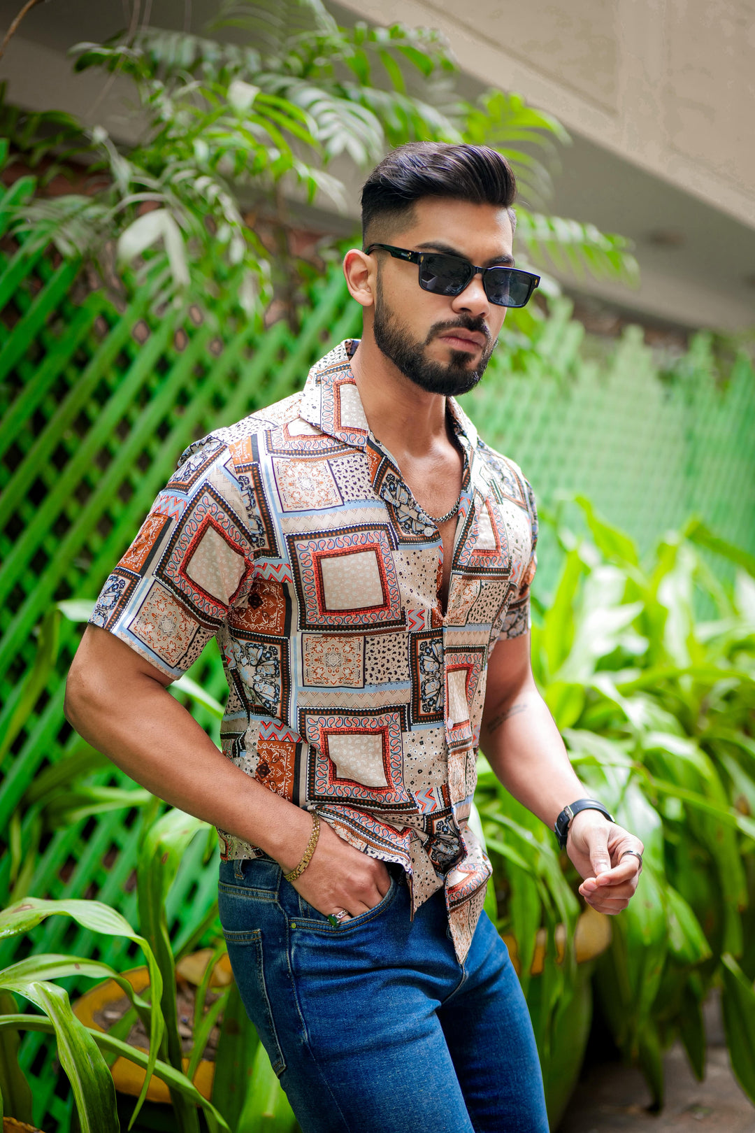Orange And Grey Block Print Super Soft Premium Cuban Collar Half Sleeve Shirt - ROYALTAIL