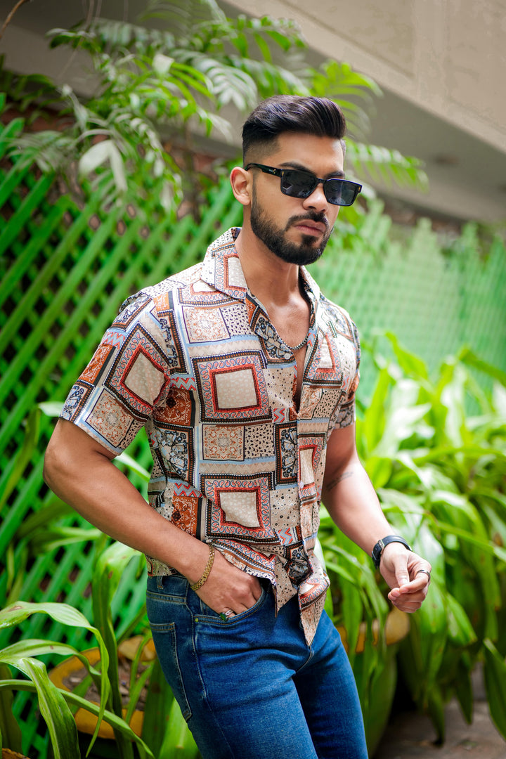 Orange And Grey Block Print Super Soft Premium Cuban Collar Half Sleeve Shirt