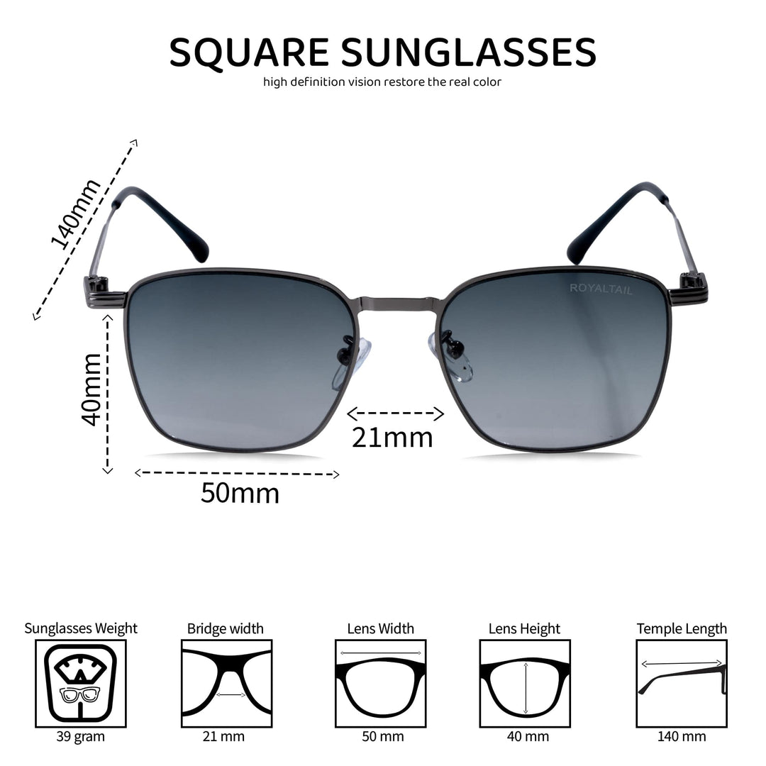 Grey Metal Frame And Polycarbonate Glass Square Sunglasses For Men & Women - ROYALTAIL