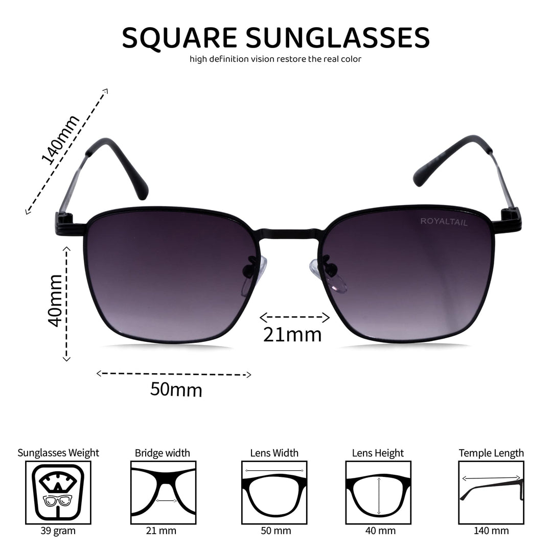Black Metal Frame And Polycarbonate Glass Square Sunglasses For Men & Women - ROYALTAIL
