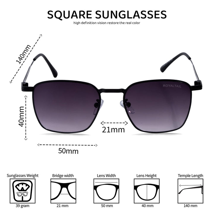 Black Metal Frame And Polycarbonate Glass Square Sunglasses For Men & Women - ROYALTAIL
