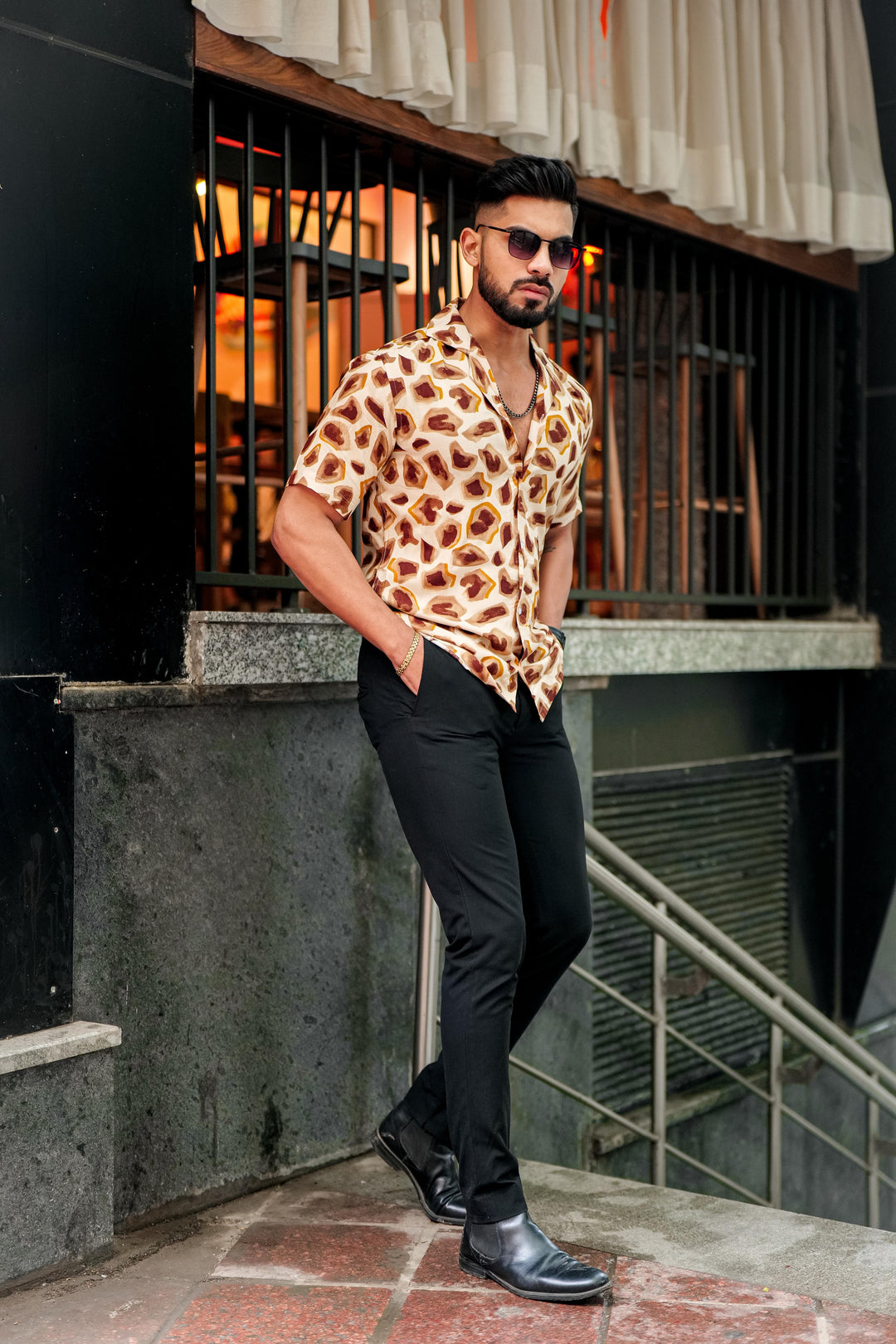 Cream And Brown Abstract Print Super Soft Premium Cuban Collar Half Sleeve Shirt - ROYALTAIL