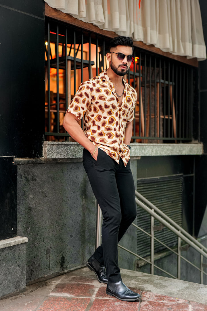 Cream And Brown Abstract Print Super Soft Premium Cuban Collar Half Sleeve Shirt - ROYALTAIL
