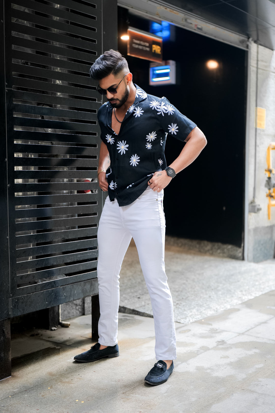 Faded Black And Off White Floral Print Super Soft Premium Cuban Collar Half Sleeve Shirt - ROYALTAIL