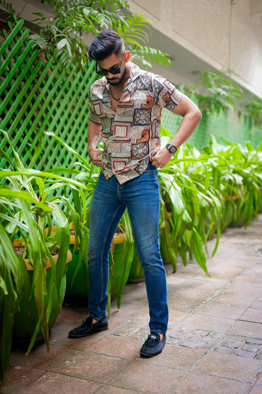 Orange And Grey Block Print Super Soft Premium Cuban Collar Half Sleeve Shirt - ROYALTAIL