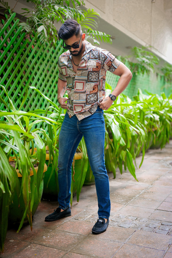 Orange And Grey Block Print Super Soft Premium Cuban Collar Half Sleeve Shirt