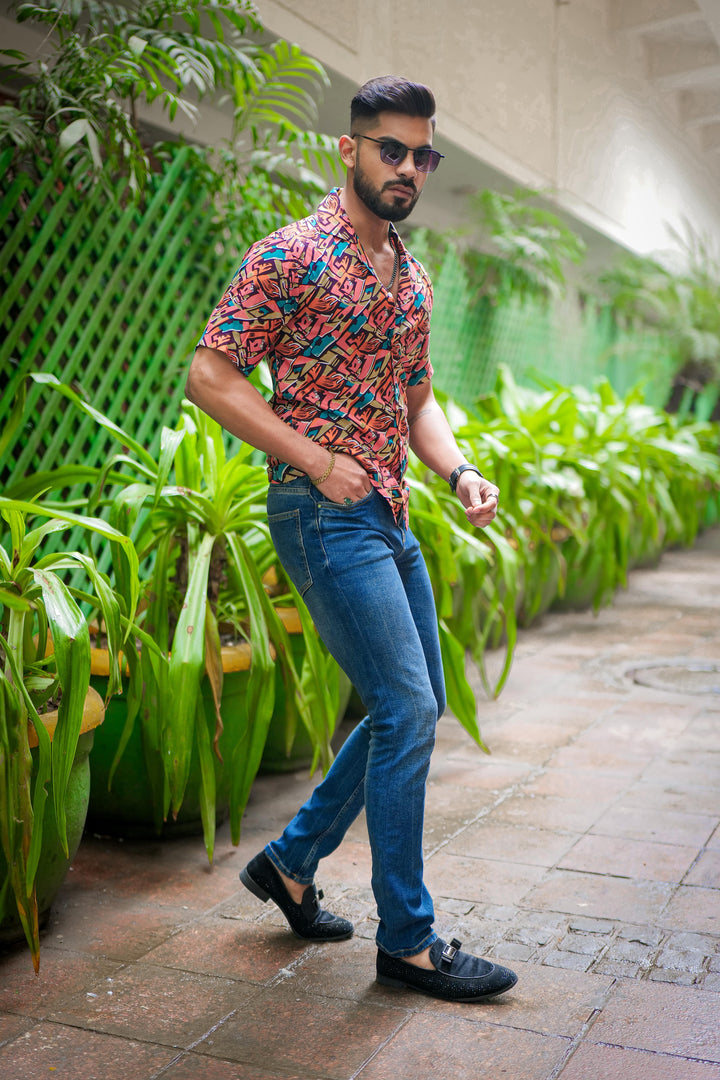 Red And Blue Multicolor Print Super Soft Premium Cuban Collar Half Sleeve Shirt - ROYALTAIL
