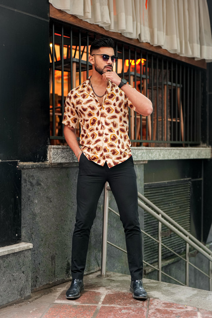 Cream And Brown Abstract Print Super Soft Premium Cuban Collar Half Sleeve Shirt - ROYALTAIL