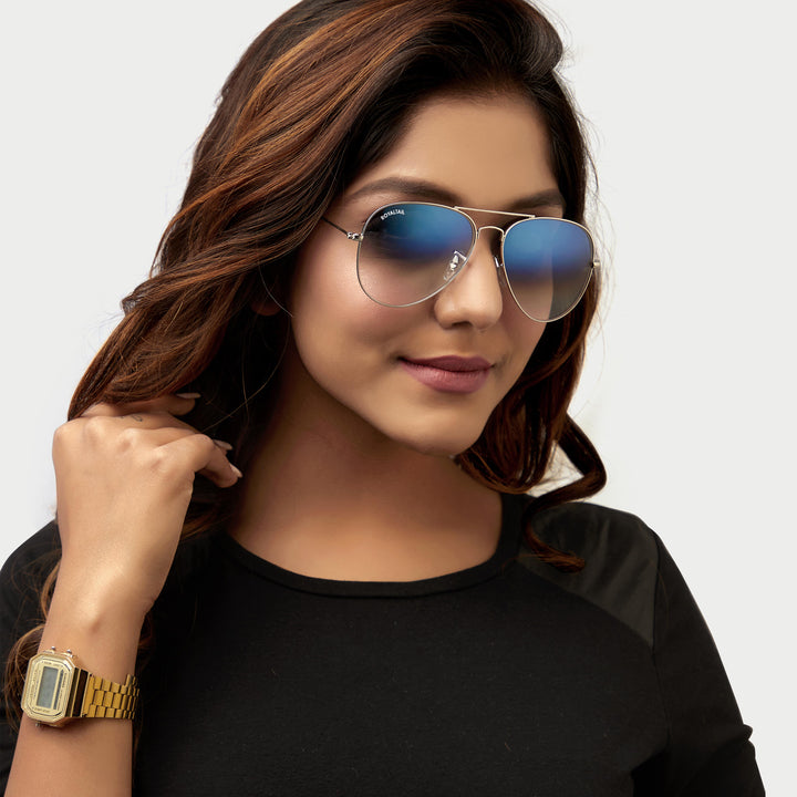 Light Blue Gradient Glass and Silver Frame Aviator Sunglasses For Men and Women - ROYALTAIL