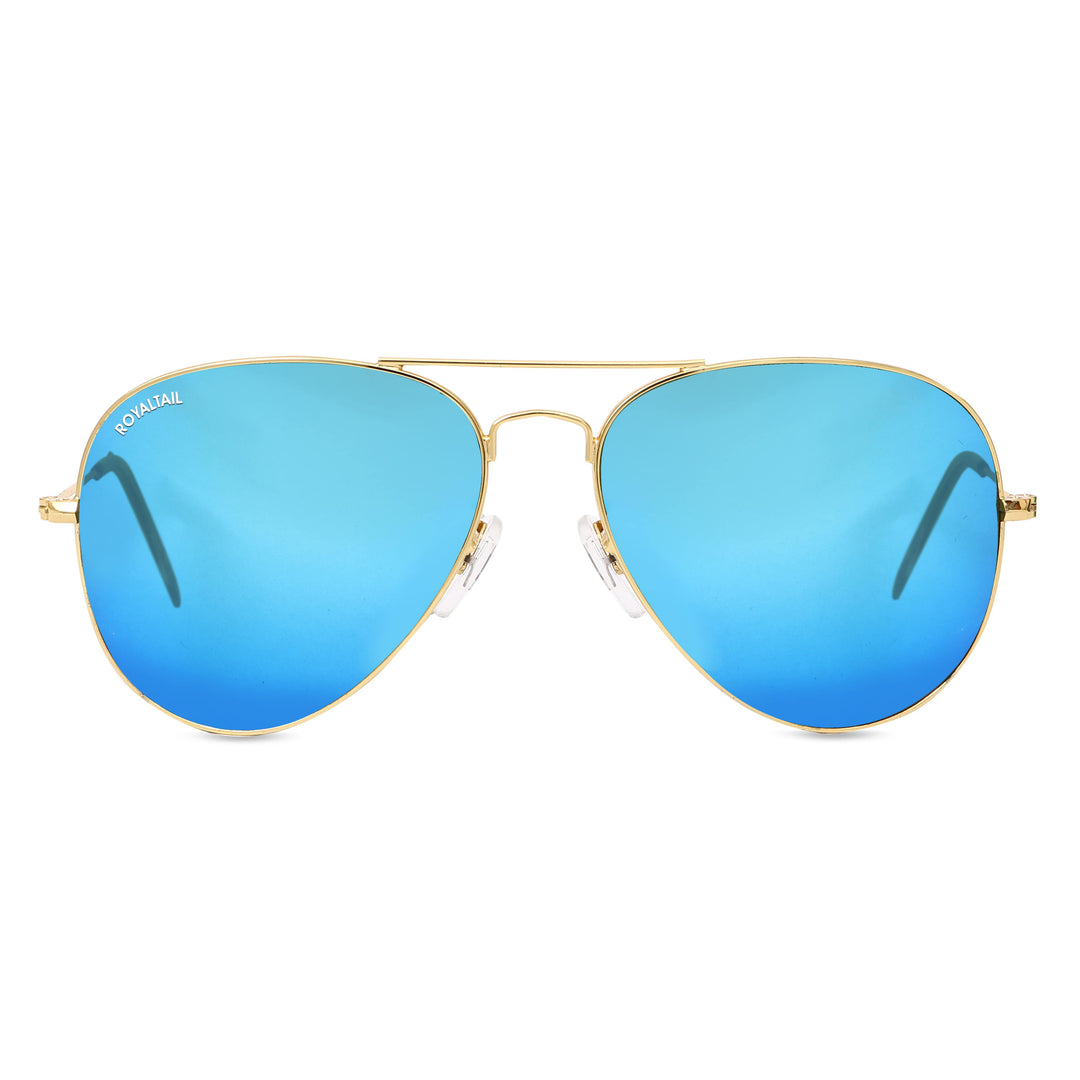 Blue Flash Glass and Gold Frame Aviator Sunglasses For Men and Women - ROYALTAIL