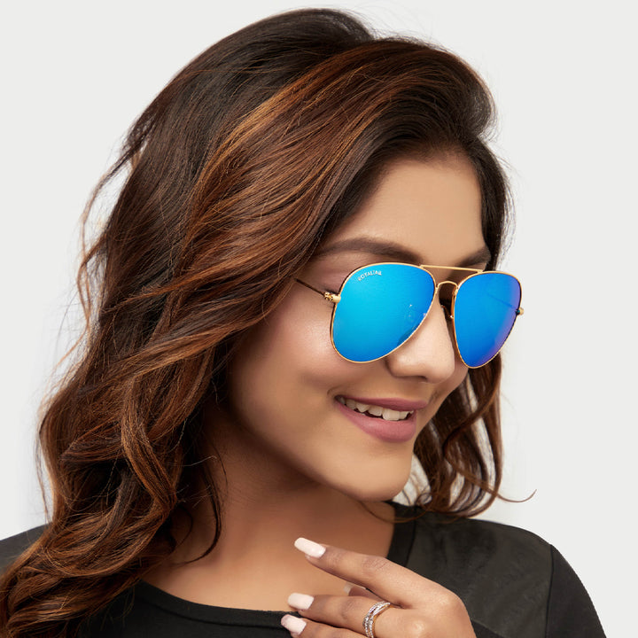Blue Flash Glass and Gold Frame Aviator Sunglasses For Men and Women - ROYALTAIL