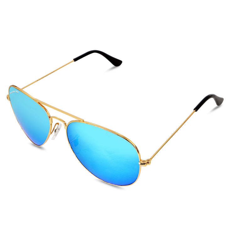 Blue Flash Glass and Gold Frame Aviator Sunglasses For Men and Women - ROYALTAIL