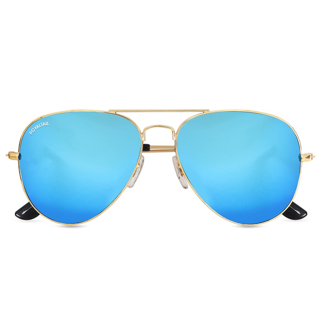 Blue Flash Glass and Gold Frame Aviator Sunglasses For Men and Women - ROYALTAIL