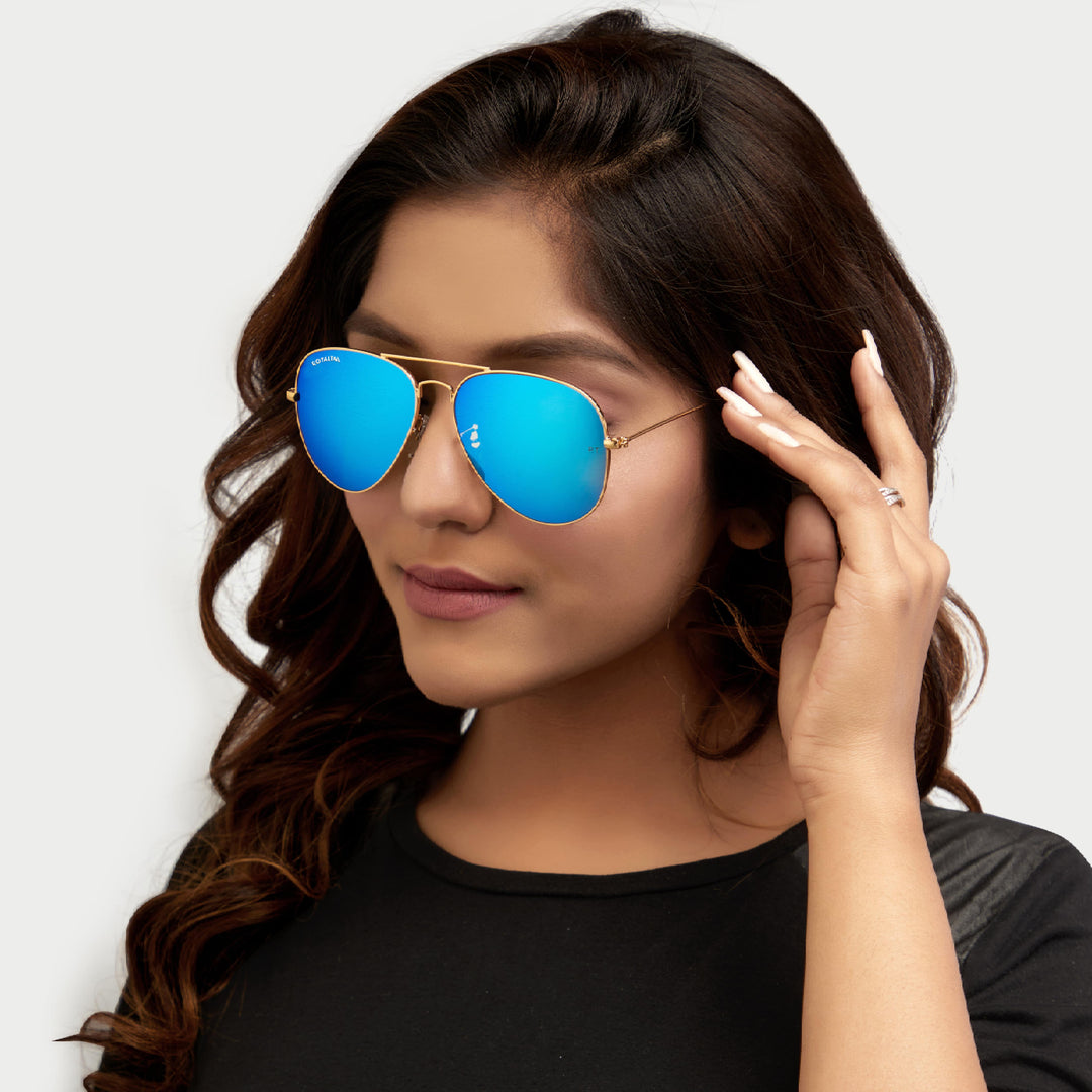 Blue Flash Glass and Gold Frame Aviator Sunglasses For Men and Women - ROYALTAIL