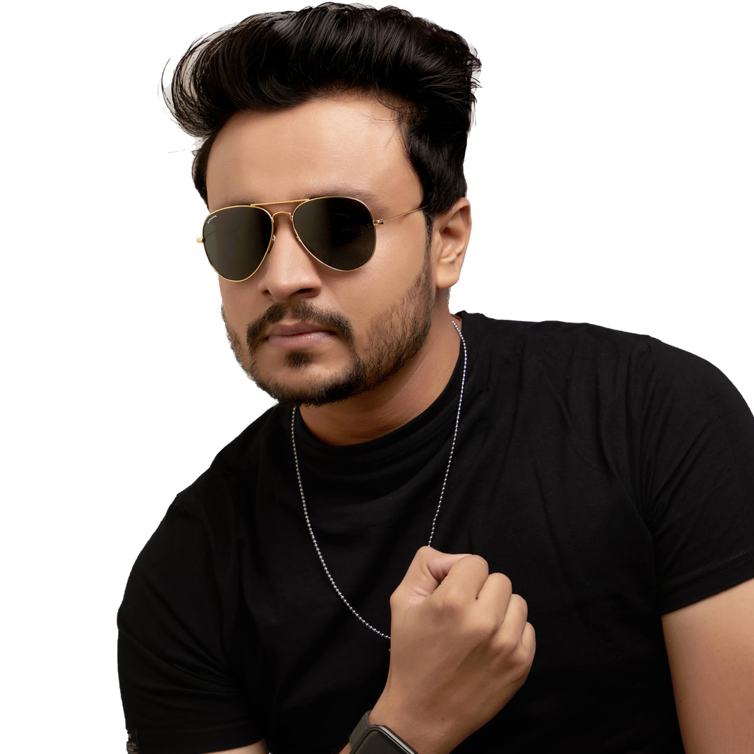 Black Classic Glass and Gold Frame Aviator Sunglasses For Men and Women - ROYALTAIL