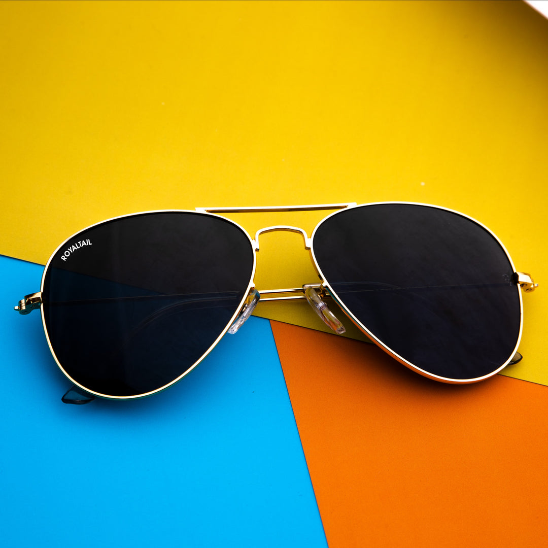 Black Classic Glass and Gold Frame Aviator Sunglasses For Men and Women - ROYALTAIL