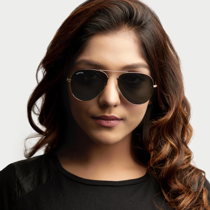 Black Classic Glass and Gold Frame Aviator Sunglasses For Men and Women - ROYALTAIL