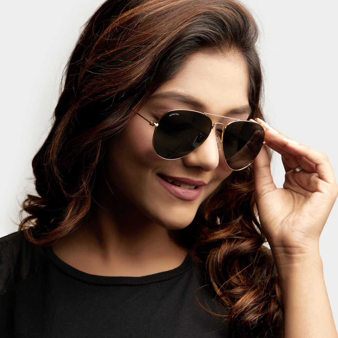 Black Classic Glass and Gold Frame Aviator Sunglasses For Men and Women - ROYALTAIL