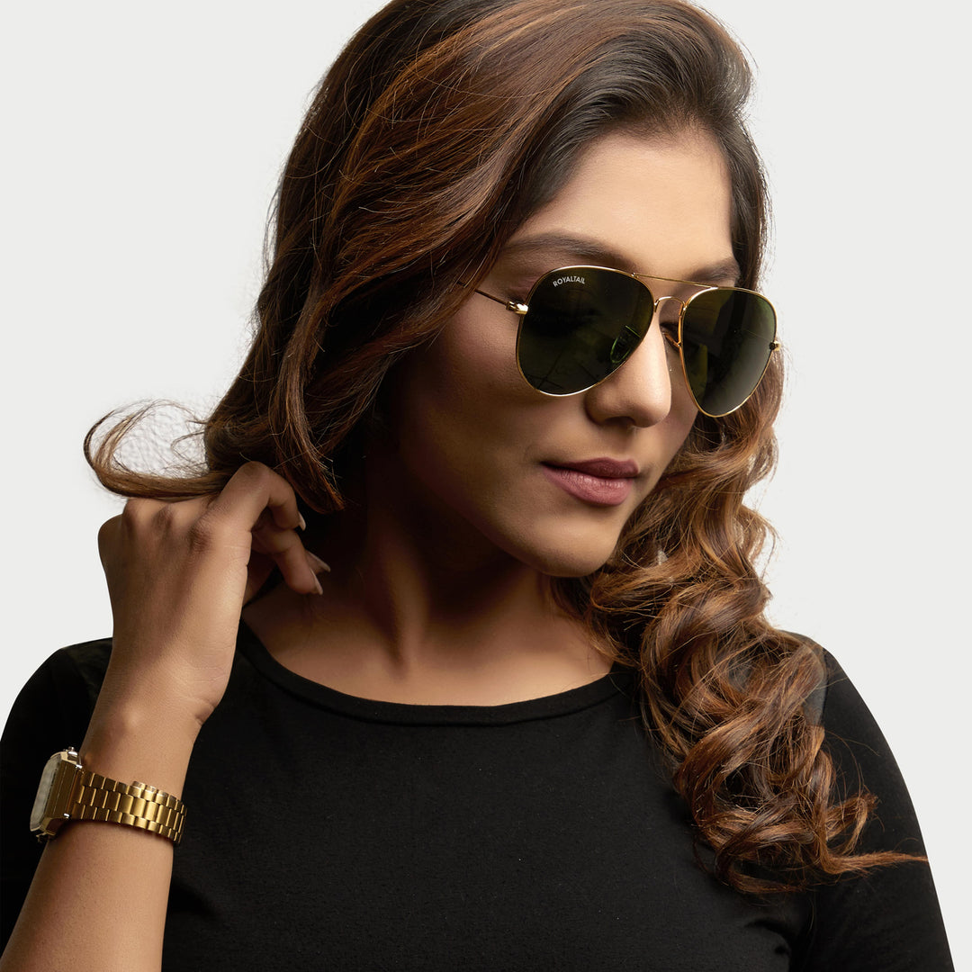 Green Classic Glass and Gold Frame Aviator Sunglasses For Men and Women - ROYALTAIL
