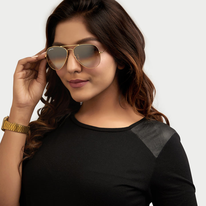 Light Brown Gradient Glass and Gold Frame Aviator Sunglasses For Men and Women - ROYALTAIL