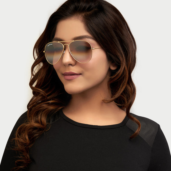 Light Brown Gradient Glass and Gold Frame Aviator Sunglasses For Men and Women - ROYALTAIL